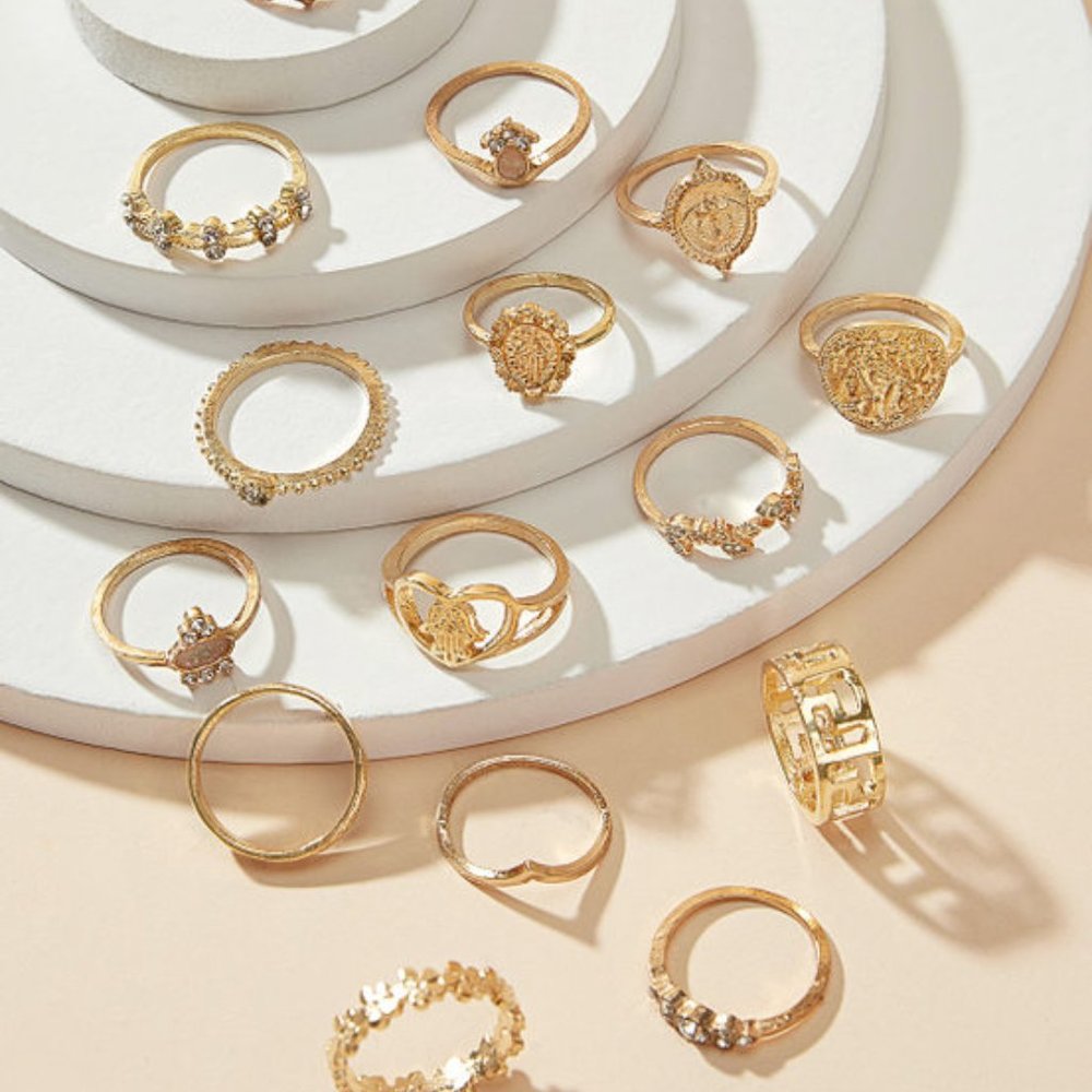 Gold Rhinestone Decor Rings 15pcs - Picture 2 of 4